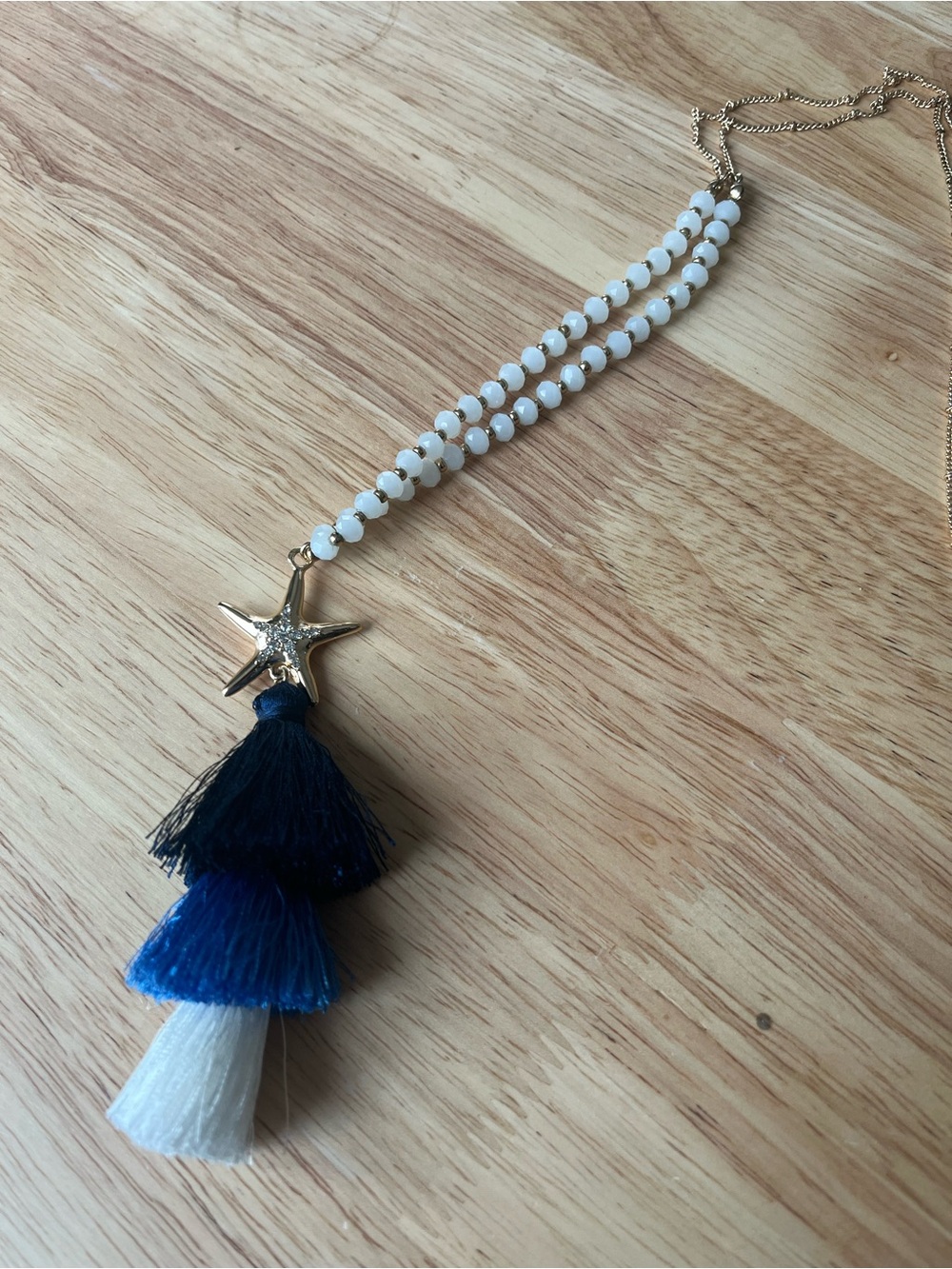 Blue Tassel White Beaded Starfish Necklace - Picture 2 of 5